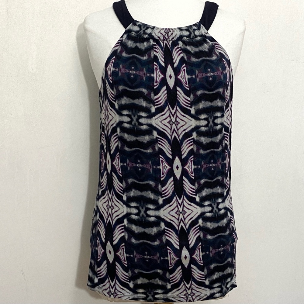 A.N.A round gathered button back neck boho print solid trim longer lengt…